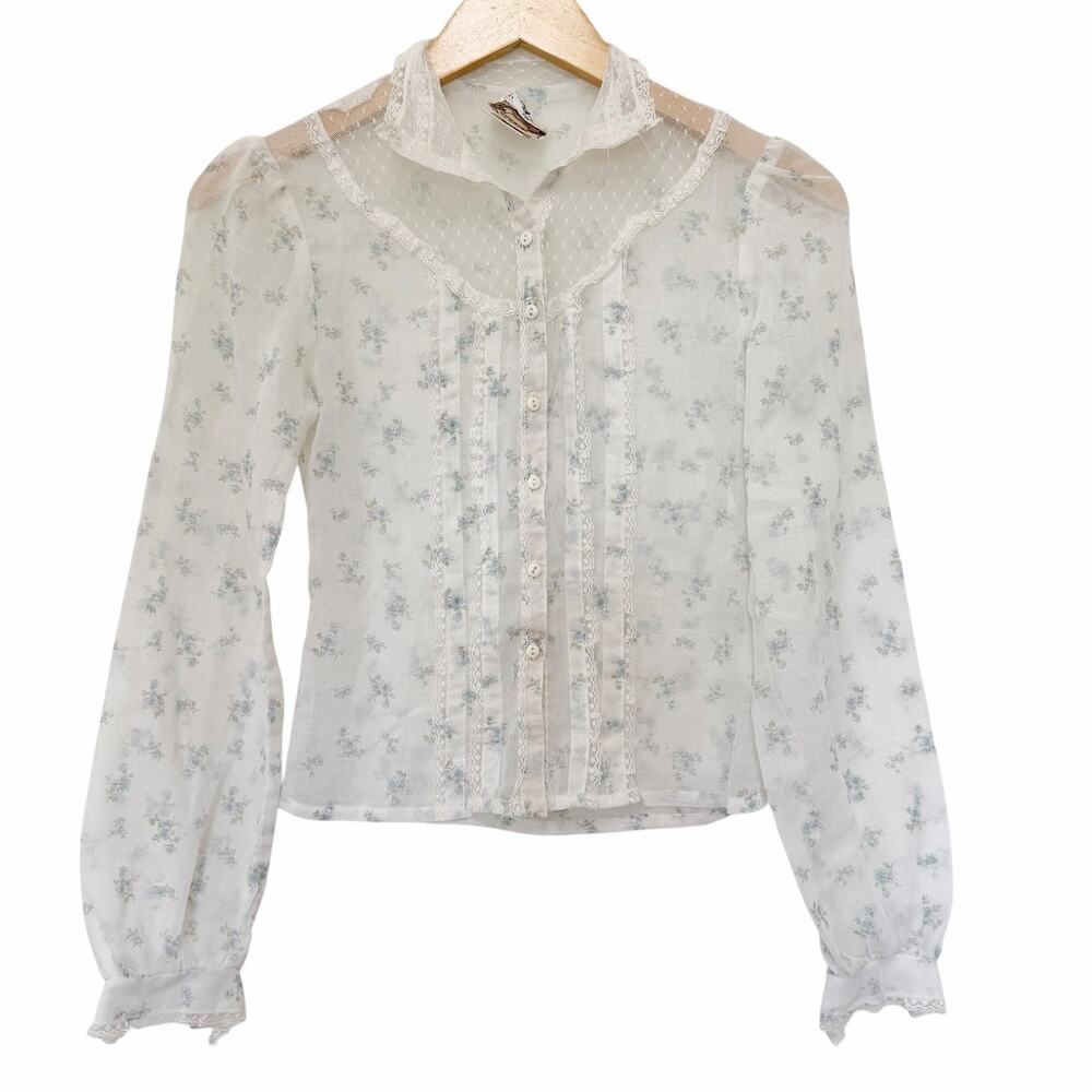 Vintage Gunne Sax White Floral Lace Blouse Edwardian Prairie Romantic Top 3 XXS